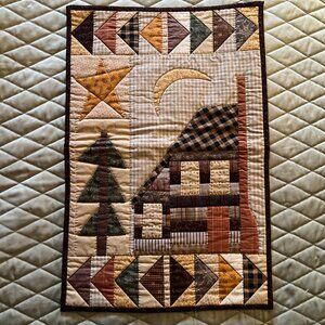 Hand Stitched Cabin-in-the-Woods Folk Art Patchwork Quilt Wall Hanging Handmade
